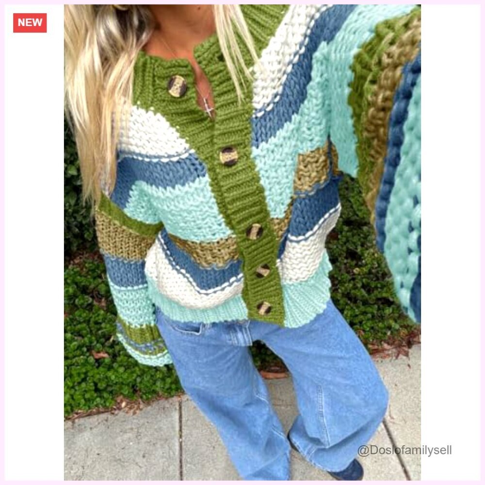 Chunky Knit Cardigan, Oversized Fit, Button Front, Long Sleeve, Striped Sweater - Picture 3 of 7